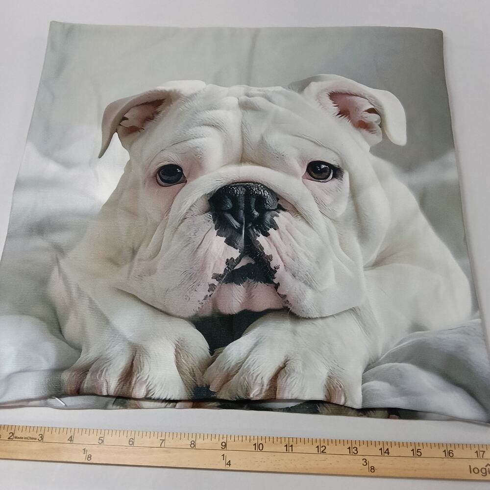 Bulldog Portrait Pillow Cover – 18x18 Realistic White Bulldog Design